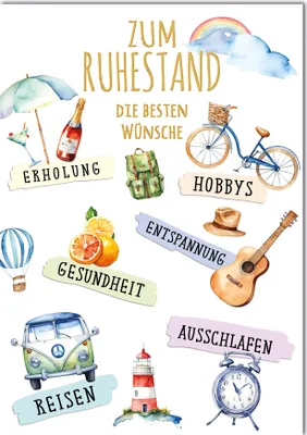 Produktbild von Ruhestand Freizeitwünsche Erholung Gesundheit Reisen Hobbys Große DIN A4-Karte mit Umschlag XXL-Karte