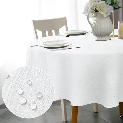 Produktbild von Unyqoos® Tischdecke rund Ø150 cm – weiße Leinenoptik, wasserabweisend mit Lotuseffekt, abwaschbar, 100% Polyester, für Zuhause & Hochzeit