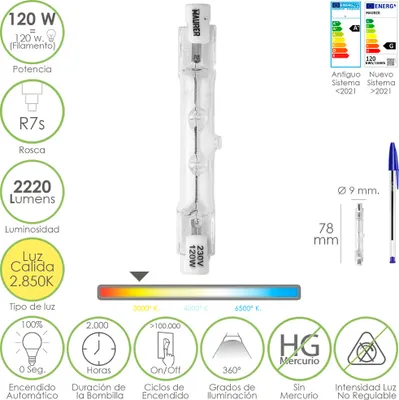 Productafbeelding van Halogeenlamp voor R7S-schroeffitting. 120 Watt. 2220 lumen. Warm wit licht (2850 K)