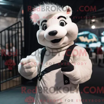 Immagine prodotto di Personaggio mascotte REDBROKOLY di una Puzzola Bianca vestita con dolcevita e bretelle