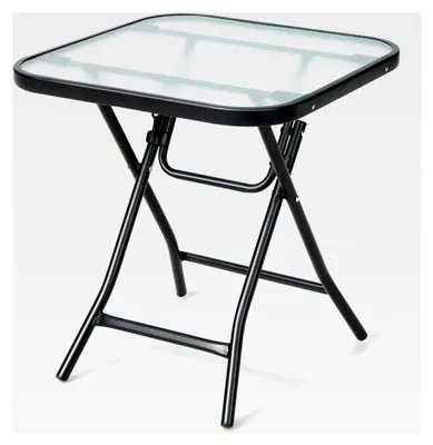 Produktbild von Klappbarer Beistelltisch, kleiner Gartentisch, wetterfester quadratischer Balkontisch mit Tischplatte aus gehärtetem Glas für Balkon, Garten, Terrasse, 46,5 x 46,5 x 42 cm