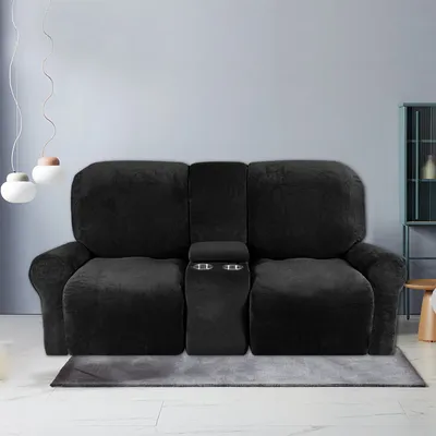 Produktbild von 8-teiliger Stretch Samt Hussen Recliner Sofabezug mit Getränkehaltern,Dicke Plüsch Liegesofa 2-Sitzer Recliner-Abdeckung,Schwarz