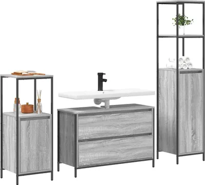 Produktbild von vidaXL Badezimmermöbel-Set mit Regal 3 pcs Graues Sonoma Holzwerkstoff