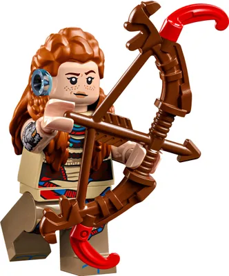 A Lego minifigure of Aloy from Horizon Adventures holding a bow and arrow.