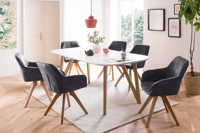 Produktbild von SalesFever Essgruppe 5-tlg. | 180 x 90 cm | Tisch MDF weiß matt + Eichengestell | 4x Drehstuhl Samtvelours + Stuhlbeine Buche | schwarz