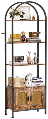Bücherregal Bogenform 5 Ebenen mit Tür, Metall-Holz, 60x28x177 cm