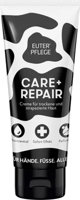 A tube of Euter Pflege cream with a cow-print pattern.