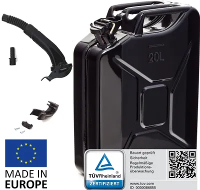 Produktbild von BW® Kraftstoffkanister Metall Benzinkanister 20 Liter mit Ausgießer - Schwarz RAL 9005 - UN-Zulassung - Hergestellt in Europa