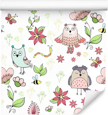 Produktbild von 10m VLIES TAPETE Rolle Kinderzimmer Vügel Eulen Blumen Schmetterlinge XXL