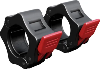 A pair of black barbell collars with red locking mechanisms.