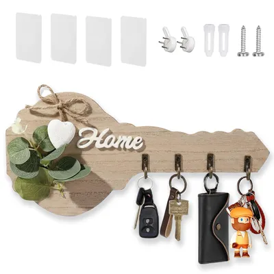 Imagen del producto de Soporte de madera para llaves con 4 ganchos, para montaje en pared, ideal para la cocina