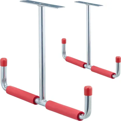 Produktbild von 6 x Deckenhaken Garage, T-Profil, bis 25 kg, für Stauraumbrücke, Stahl mit Polsterung, H x B: 30 x 42 cm, silber-rot