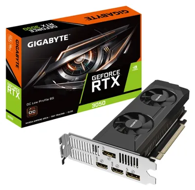 Produktbild von GIGABYTE GeForce RTX 3050 OC Low Profile 6G, GeForce RTX 3050, 6 GB, GDDR6, 96 Bit, 7680 x 4320 Pixel, PCI Express 4.0