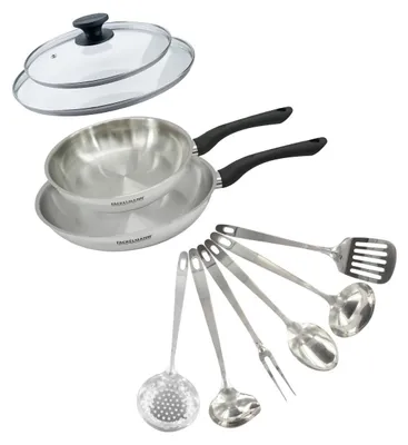 Kochtopf-Set 24+28 cm Edelstahl 18/8, 2 Deckel + 6 Utensilien