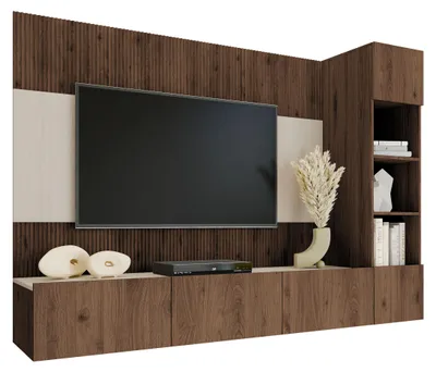 Produktbild von MIRJAN24 Wohnwand Deromi II, Wohnzimmer Möbel Set, Griffloses Öffnungssystem push to open, 3er-Set (Farbe: Nuss Okapi / Nuss Okapi + Travertin)