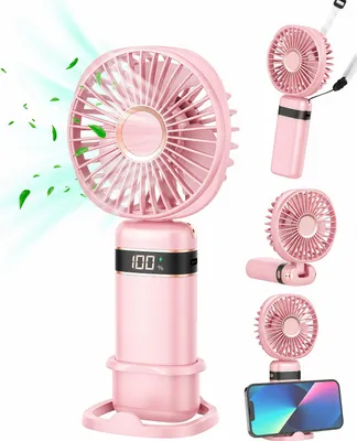 Produktbild von 4 in 1 Handventilator,5 Geschwindigkeitsstufen,tragbarer USB-Handyhalter-Lüfter,faltbarer Mini-Ventilator mit 4000mAh Akku,LED-Display,Leise,Rosa