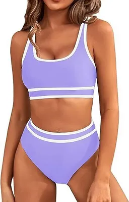 Produktbild von Frauen High Waist Bikini-Sets Sportliche Zweiteilige Badeanzüge Farbblock Freche Hochgeschnittene Bademode
