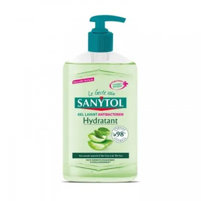 A bottle of Sanytol hand sanitizer with aloe vera and green tea.