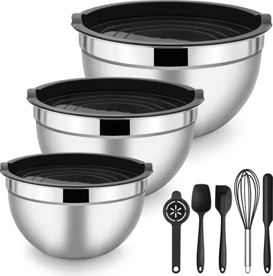 Produktbild von Geschirr-Set, 3-teilige Edelstahl-Salatschale mit luftdichtem Deckel + 5 Geschirr-Accessoires, Maß 1,2L/2,7L/4,5L, ideal für Kochen/Backen/Lagern, stapelbar - Schwarz 8 Stück
