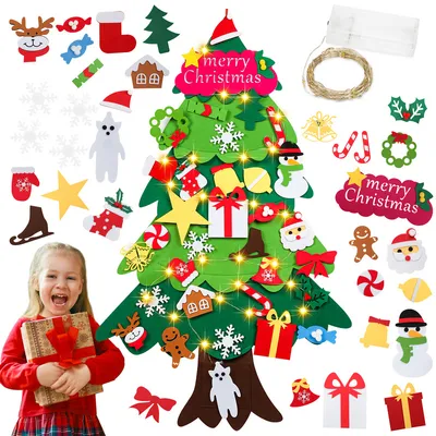 Image de SWANEW Arbre de Noël en feutre DIY LED Arbre de Noël 105cm DIY Noël Set Suspendu Reproduction pour enfants Cadeau de Noël avec 32 ornements