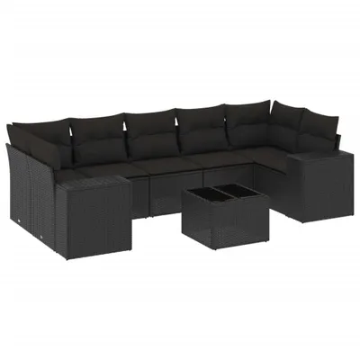 Produktbild von Modulares Gartensofa Set, 8-teilig, mit Kissen, aus schwarzem Poly Rattan und pulverbeschichtetem Stahl, UV-beständig, mit Hartglas-Tischplatte