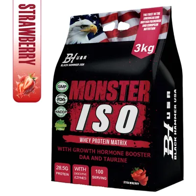 Produktbild von MONSTER Whey Isolat 3kg Erdbeere – High Protein Isolate Pulver für Muskelaufbau, Kraft & Regeneration | Fitness Supplement | Black Hammer USA