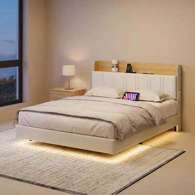 Immagine prodotto di INONEFT, letto sospeso 160 x 200 cm, letto per adulti, letto imbottito con LED e USB, letto matrimoniale con rete a molle, testiera con due tasche in tessuto, materiale: PU, colore: bianco