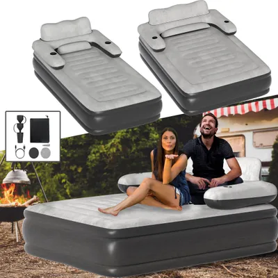 A collage of images showing an inflatable bed, people using it, and accessories.