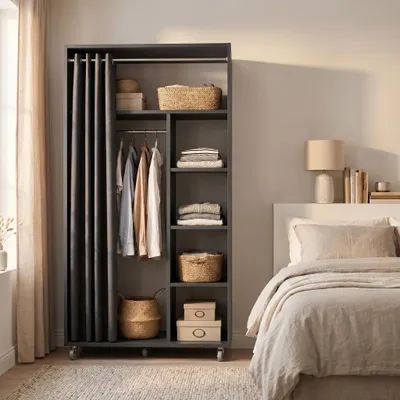 Image de Armoire VCM sur roulettes H. 175 x L. 101 x P. 51 cm avec tringles à vêtements, étagères et rideau, armoire vestiaire mobile - Ostila