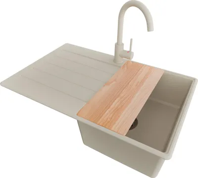 Produktbild von PRIMAGRAN Granitspüle Beige 78x50cm, Spülbecken 1 Becken + Küchenarmatur 32x20cm + Ablauf-Set + Schneidebrett, Küchenspüle ab 45er Unterschrank - Kopenhagen