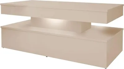 A modern, beige coffee table with a suspended top and LED lighting.