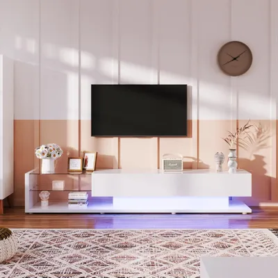 Produktbild von Fortuna Lai Hochglanz TV-Schränke Lowboard, 170cm Fernsehschrank mit LED-Beleuchtung, mit 2 Schublade, Glastrennwände Ablage, Modernem Wohnzimmermöbel (Reinweiß)