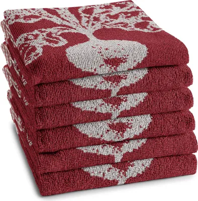 Productafbeelding van Unyqoos® DDDDD Set van 6 theedoeken/keukendoeken, rood, 100% katoen, jacquard geweven, ® gecertificeerd, afmetingen 60x65 cm / 50x55 cm