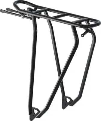 A black bicycle rear rack shown against a white background.