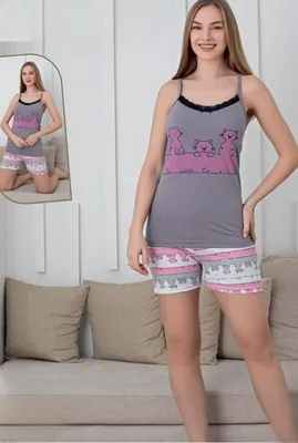 Produktbild von Damen Pyjama Schlafanzug Shorty Kurz Grau XXL 2-Teiler Set Baumwolle S-22