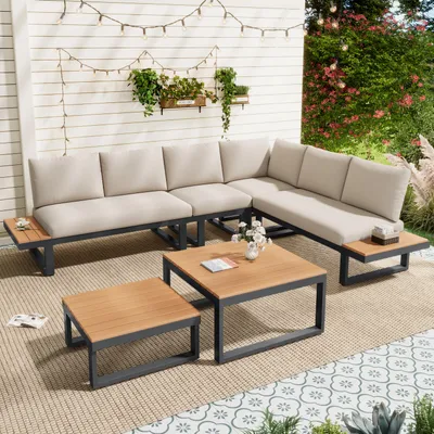 Image de Ensemble de meubles de terrasse, ensembles de salon de jardin avec fonction d'inclinaison réglable (5 niveaux, jusqu'à 55°), tube d'acier galvanisé, plateau de table en bois synthétique