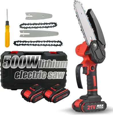 Obrázek produktu pro Mini řetězová pila, 4" 6" 21V elektrická řetězová pila, akumulátorová řetězová pila, se 2 bateriemi + nabíječkou pro zahradní prořezávání stromů řezání dřeva