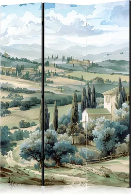 A landscape painting of rolling green hills with trees and buildings under a cloudy sky.