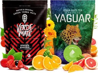 Produktbild von Verde Mate, Yaguar - Mate Tee Set Energía Guarana, Pomelo 2x500g - Dicke Blätter 5mm - Starker Wachmacher Mix - Luftgetrocknet - Natürliches Koffein
