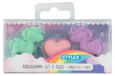 Produktbild von Radiergummi-Set Stylex, 2 Einhörner, 1 Herz, Farbe sortiert