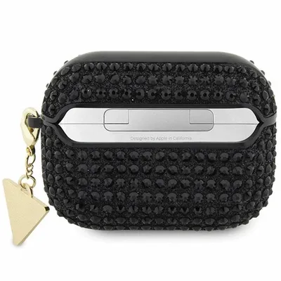 A black, rhinestone-covered case for AirPods Pro with a gold triangle charm attached.