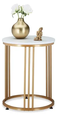 Produktbild von Beistelltisch Couchtisch Nachttisch - Rund - Marmoroptik - 51 x 41 cm - Metall und MDF - Weiß und Gold