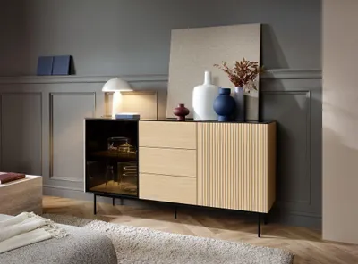 Produktbild von Kommode – Sideboard – KSZ157 – ORTA – Artisan Eiche – 84 cm – Modernes, Stilvoller Stauraum mit LED-Beleuchtung