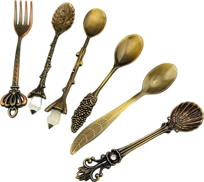 Produktbild von 6-teiliges Set Mini-Kaffeelöffel und -gabeln im Retro-Stil, Küchen-Obstgeschirr, Antikmessing