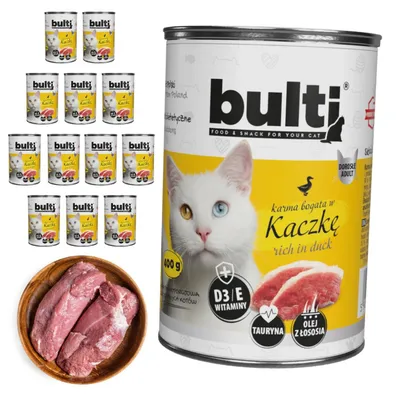 Obrázek produktu pro BULTI | Krmivo pro kočky s kachnou – sada vlhkého krmiva pro kočky, 12 plechovek po 400 g – krmivo pro kočky s kachnou