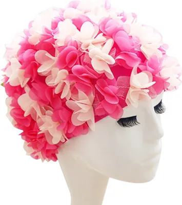 Produktbild von Bequeme und atmungsaktive Damen-Badekappe mit langen Haaren, Blumen-Badekappe, Badekappe, dreidimensionale Blütenblatt-Badekappe