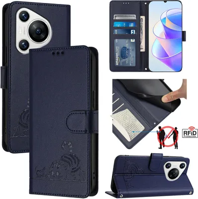 Produktbild von Leder Hülle für Huawei Pura 70 Süße Katze Flip Case Brieftasche Schutzhülle mit Standfunktion Blau