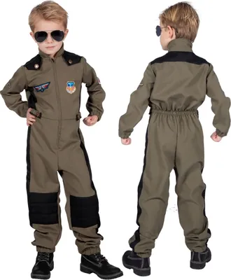 Two views of a child wearing a pilot costume.