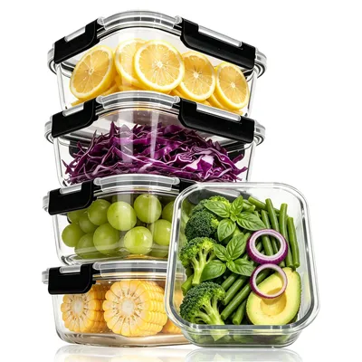 Produktbild von OZAVO Frischhaltedose 5er set mit deckel,Glas Frischhaltedosen,Lunchbox,Glasbehälter, luftdicht & auslaufsicher Meal Prep Boxen Glas für Mikrowelle