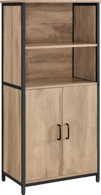 A freestanding cabinet with two open shelves above two cabinet doors.